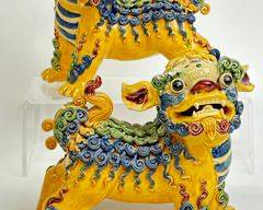 Vintage Pair of Chinese Glazed pottery Foo Dogs signed on base
