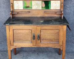 Fantastic Antique Marble Top Tile Back Arts & Crafts Oak Washstand Cabinet
