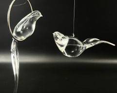 Fine Steuben Signed Crystal Art Glass Hanging Bird & Bird On Perch 8332 Figurine w/ Sterling Silver Hoop Ring
