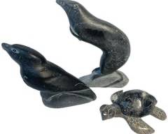 2 Eskimo Inuit Carved Stone Animal Figurals - 1 Sea Lion and 1 Snow Bird PLUS Carved Stone Sea Turtle
