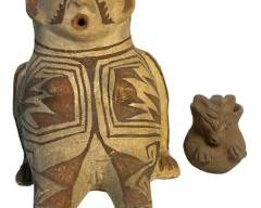 2 Precolombian Art Pottery Vessel Vases - 1 Nude Woman Sitting and 1 Small Animal Vessel
