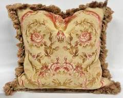 Fancy Vintage Aubusson Needle Work Accent Pillow With Drop Dangle Tassels Trim
