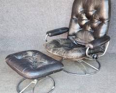 Original Vintage Ekornes Stressless Leather & Wood Tufted Lounge Chair and Ottoman MCM Mid Century Modern
