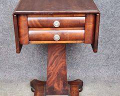 Antique Federal Flame Mahogany Work Table Two Drawer Glass Knob Drop Leaf Side Table
