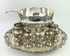 Vintage Fancy Miyata Silver Plated Grape Leaf Design Punch Bowl Set 12 Chalices, Ladle, Bowl, & Serving Tray Wonderful for the holidays
