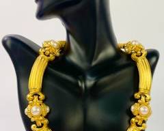 Vintage Carlisle Etruscan Style Gold Tone Faux Pearl 16 Inch Link Statement Necklace Toggle Clasp
