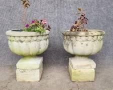 2 Vintage Cement Garden Planter Urns
