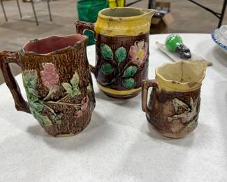 Antique Majolica Pitchers- all are chipped. 