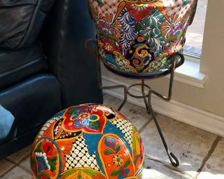 Talavera pottery- stool, flower pot with stand & orb