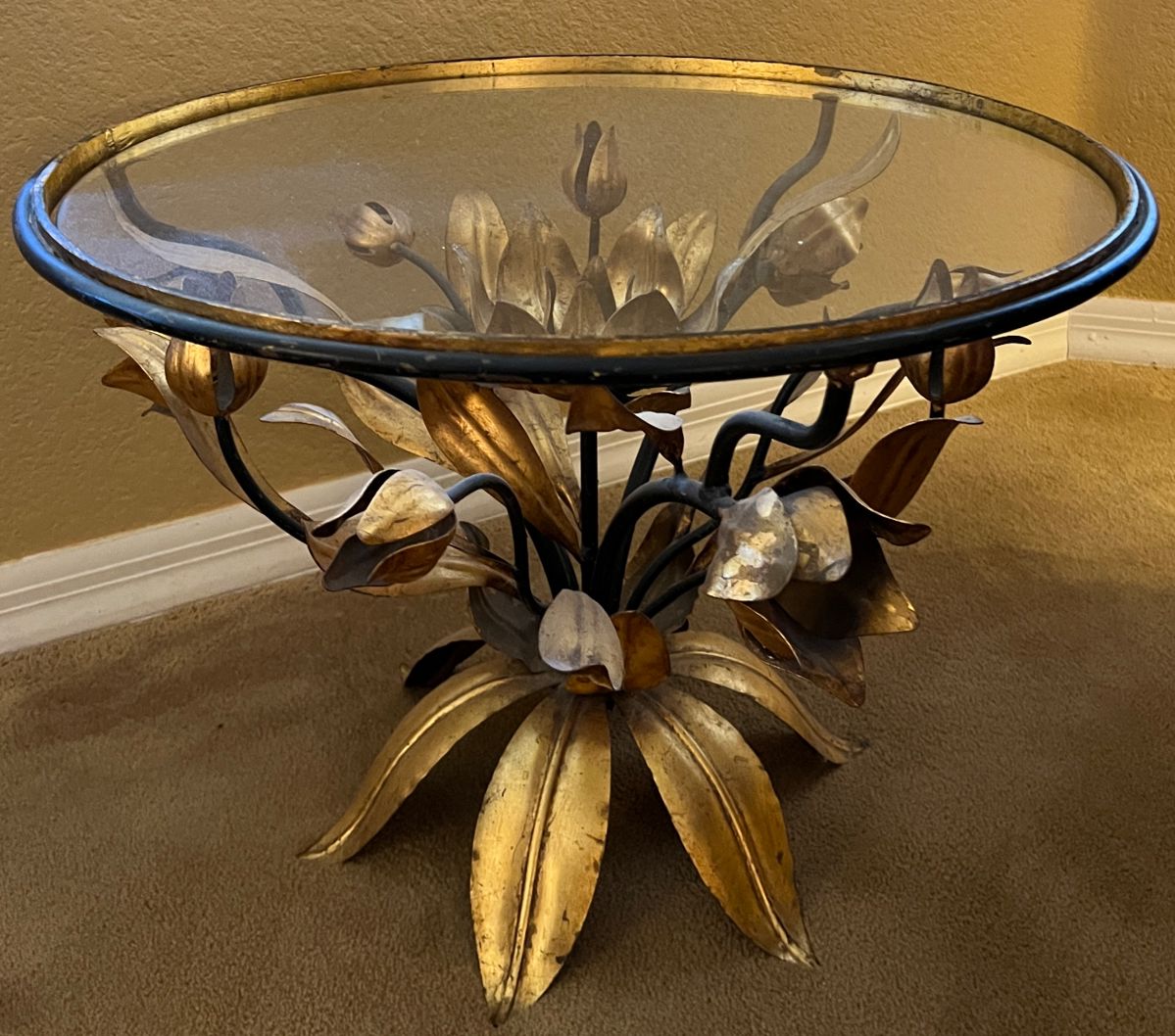 Hollywood Regency gilt tole table 1940s Italian gold gilded lotus flower glass top 