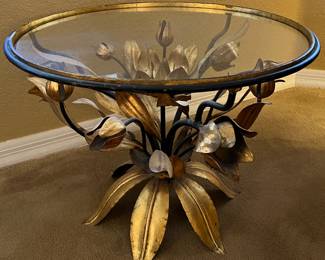 Hollywood Regency gilt tole table 1940s Italian gold gilded lotus flower glass top 