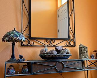 Entry Table, Metal Framed Wall Mirror, Decor, Tiffany Style Lamp, Umbrella Stand, Assorted Canes...