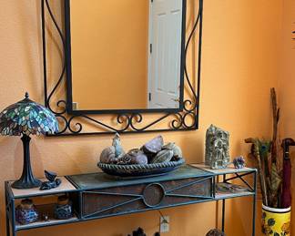 Entry Table, Metal Framed Wall Mirror, Decor, Tiffany Style Lamp, Umbrella Stand, Assorted Canes...