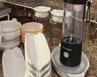BlendJet, Corn-on-the-Cob Plates. Vintage Scalloped Edge Bowls, Small Pitchers w Lids, Pyrex Rectangular and Round, Glass Pie Plate