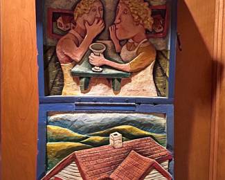 The Gossip Box by Mary Shelley (American, b. 1950) Carved Relief