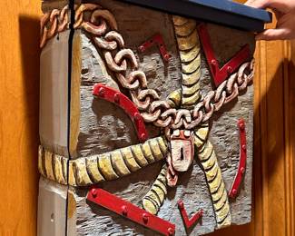 The Gossip Box by Mary Shelley (American, b. 1950) Carved Relief