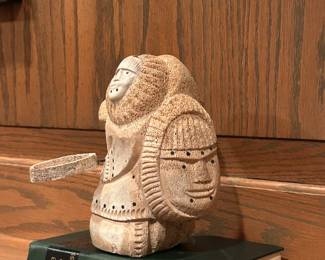 Inuit Carved Whale Bone Figure by Ricky Kuzuguk Signed RK, Sculpture 