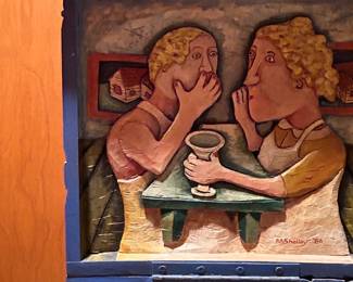 The Gossip Box by Mary Shelley (American, b. 1950) Carved Relief