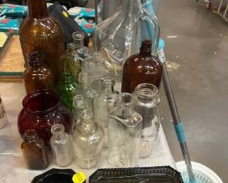 VARIOUS GLASS BOTTLES, JUG