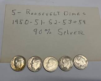 FIVE 1950S ROOSEVELT DIMES 90 SILVER