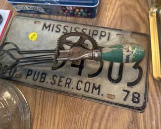 CAR TAG AND VINTAGE HAND CRANK MIXER