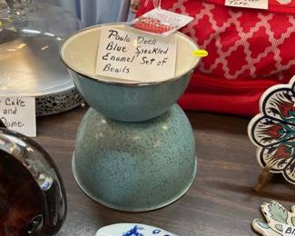 TWO PAULA DEEN BLUE SPECKLED ENAMEL BOWLS