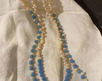 Natural Pearl And Blue Stone Necklace