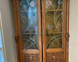Antique Armoire with Stained Glass Doors Carved Details