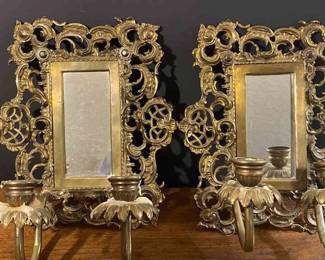 Ornate Mirrored Brass Candle Wall Sconces