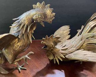 Pair of Brass Fighting Roosters
