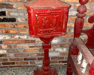 English Antique Cast Metal Red Painted Mail Box