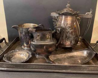 Wilcox Quadruple Silver Plated Teapot Silver on Cooper Engraved Tray