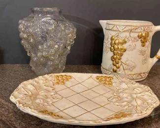Vintage Cream And Gold Grape Pitcher And Plate