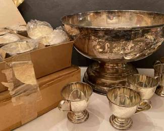 Japan Nickel Silver Punch Bowl And Cups