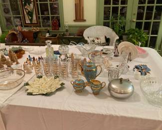 vintage bank glasses set, turquoise tea set, decanters, nativities, etc.