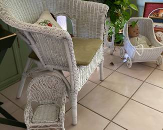 Wicker arm chair, doll's wicker arm chair, antique doll in wicker pram