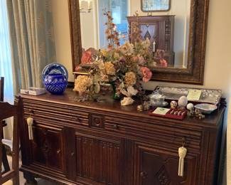 elegant buffet server, wall mirror, Arthur Court, cobalt-cut-to-clear large rose bowl, flow blue Royal Ducal plate