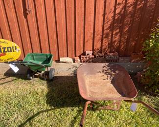 fertilizer spreader, vintage iron wheelbarrow