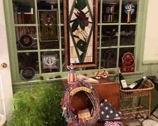 live plant, refinished school desk, stained glass, etc.