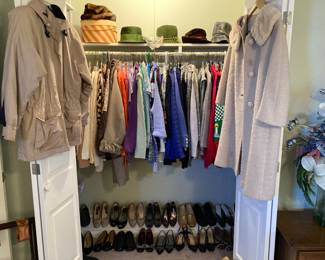 London Fog jacket, quality ladies' clothes, shoes, and hats, and 1965 coat