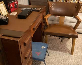 mid-century arm chair, small wood desk
