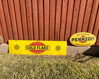 vintage English enamel Wills' Cigarettes Gold Flake sign, vintage Pennzoil sign