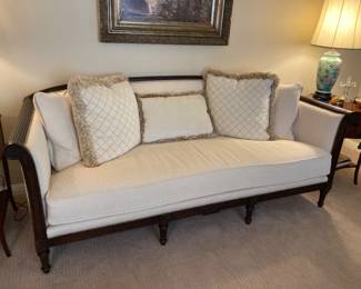 Henry Link empire sofa, matching mahogany side tables, Oriental lamp