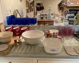 Corningware, Wagner corn kit pan, vintage mixing bowl, Pyrex, cobalt, tea/Keurig caddy, etc.