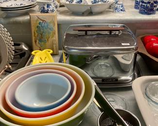 vintage stainless square cake carrier, vintage Pyrex mixing bowl set, ricer