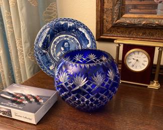 cobalt-cut-to-blue large rose bowl, flow blue plate, Howard Miller clock