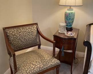 Sheridan arm chair, mahogany side table, Oriental lamp, biscuit barrel, etc.