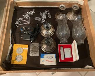 sterling candlesticks, blown glass nativity, vintage lighter, Beltone hearing aids