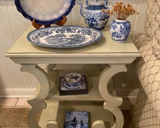 flow blue platter, Churchill platter, Oriental teapot and ginger jar, Delft tiles