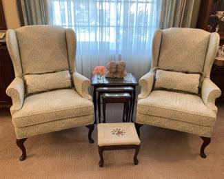 wing back chairs, glass over leather nesting tables, embroidered foot stool